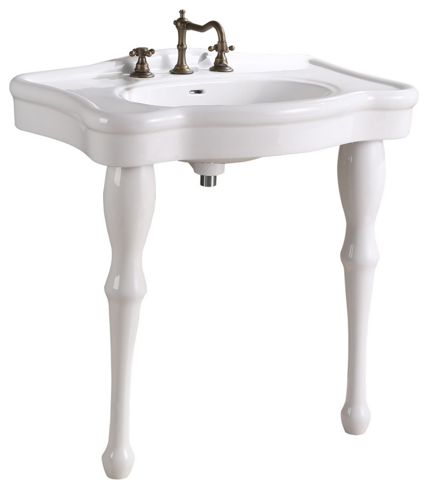 White Console Sink Porcelain Two Spindle Legs with Rose Gold 8'' Faucet