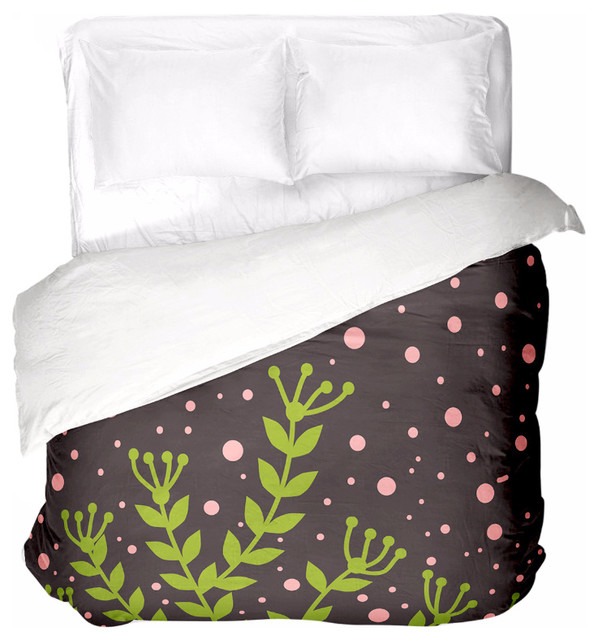 Green Leaves Pink Polka Dots Brown Duvet Cover Full