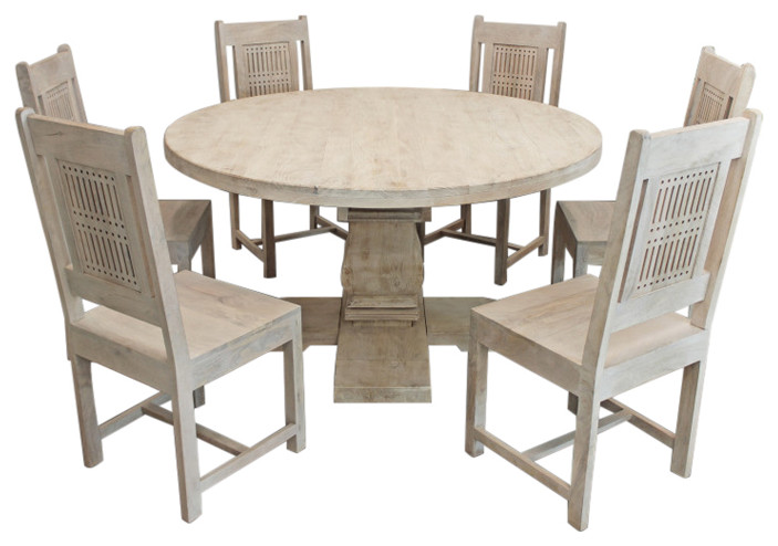 Benedict 7-Piece Dining Set With 58" Round Table and 6 Chairs, Ivory ...