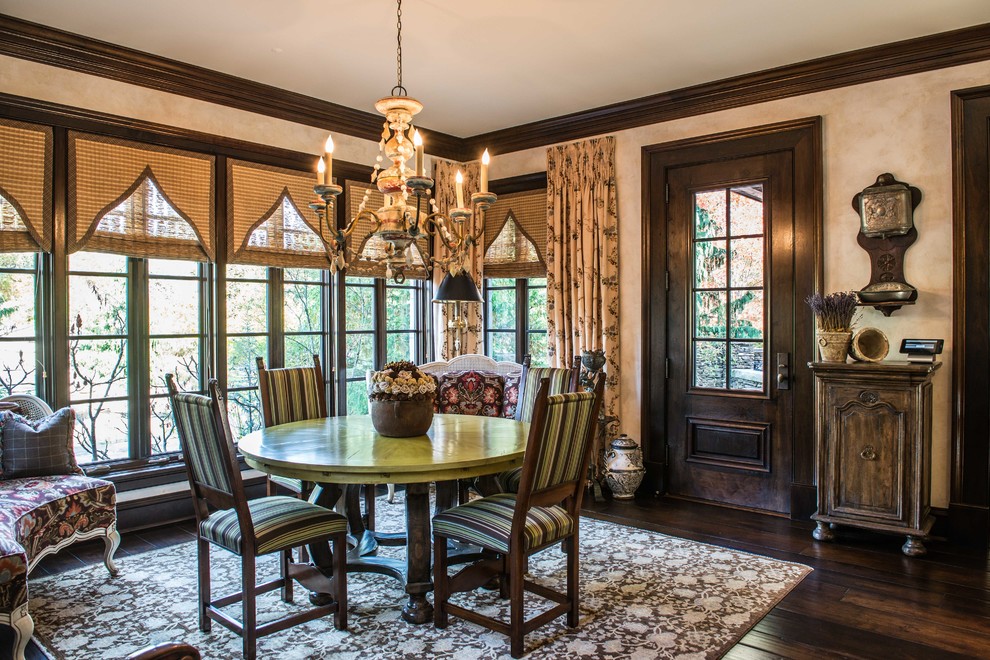 This is an example of a mid-sized arts and crafts separate dining room in St Louis with beige walls, dark hardwood floors, no fireplace and brown floor.