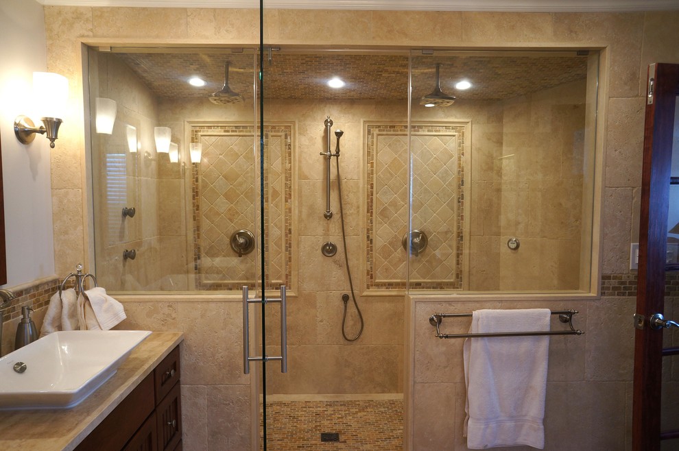 Inspiration for a mid-sized traditional master bathroom in Philadelphia with louvered cabinets, dark wood cabinets, an alcove shower, beige tile, ceramic tile, white walls, a vessel sink, ceramic floors and quartzite benchtops.