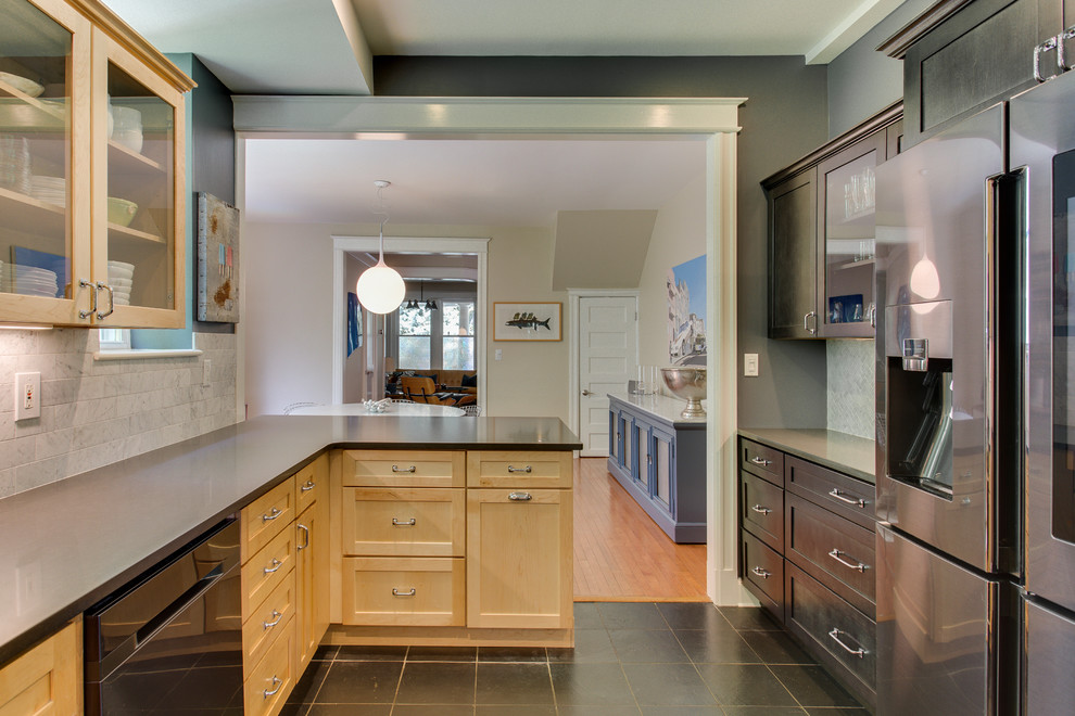 Kitchen - mid-sized transitional kitchen idea in DC Metro with recessed-panel cabinets, quartz countertops, stainless steel appliances and a peninsula
