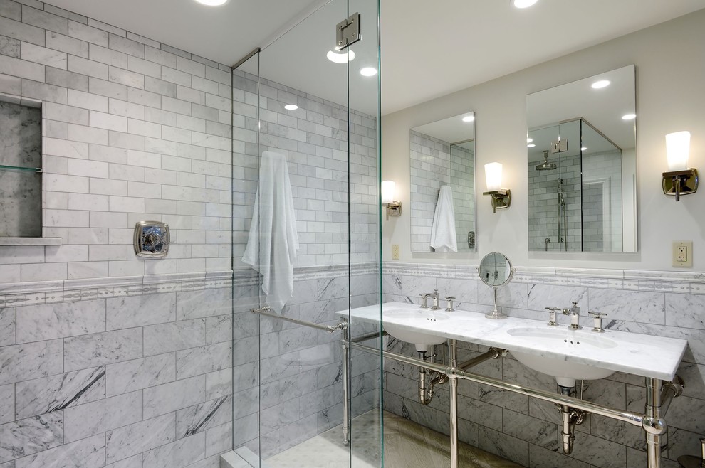 Large elegant 3/4 gray tile and stone tile ceramic tile bathroom photo in Seattle with a console sink, marble countertops, white cabinets and white walls