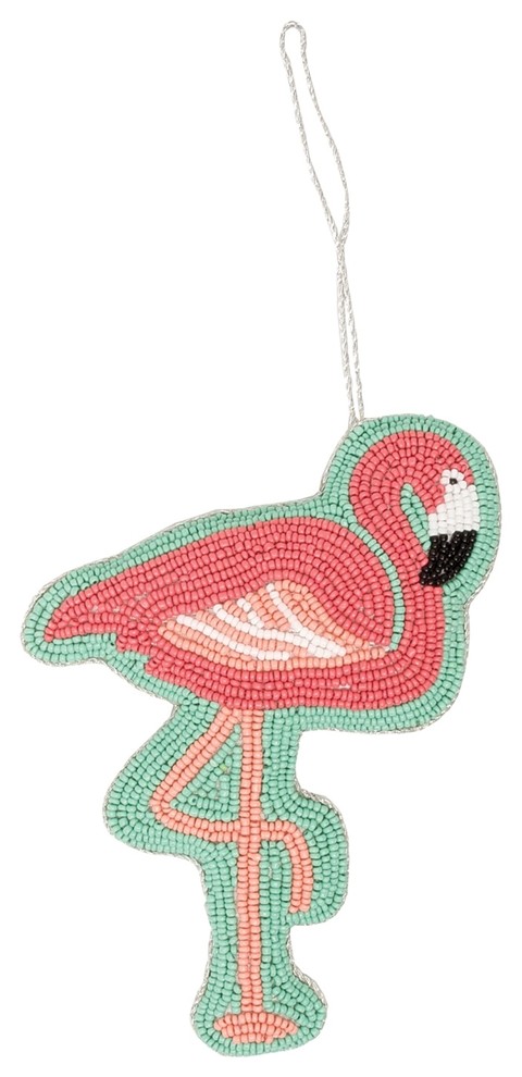 Pink Flamingo Beaded Christmas Holiday Ornament 6.5 Inches