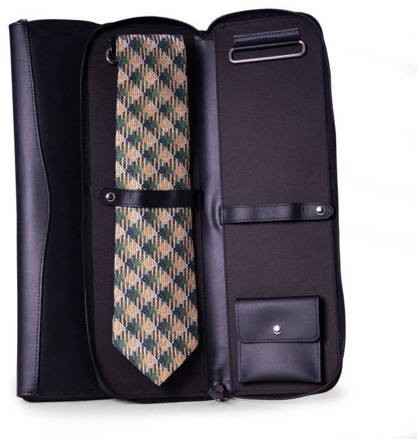 Black Leather Travel Tie Case, Removable Storage Compartment Closet