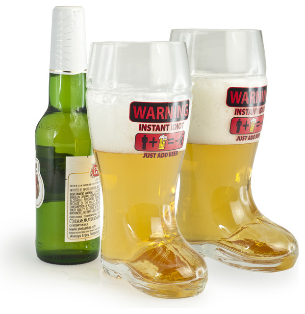 Glass Boot Beer Mugs with Whimsical Warning Imprint (Set of 2)