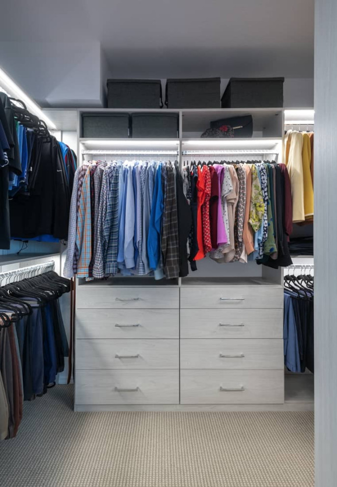 Foto de armario vestidor unisex y abovedado actual con puertas de armario blancas, moqueta y suelo beige