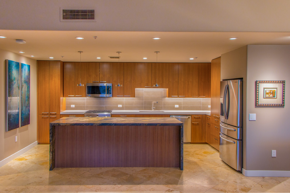 Enclosed kitchen - mid-sized transitional l-shaped travertine floor and beige floor enclosed kitchen idea in Phoenix with an undermount sink, flat-panel cabinets, medium tone wood cabinets, onyx countertops, beige backsplash, porcelain backsplash, stainless steel appliances and an island