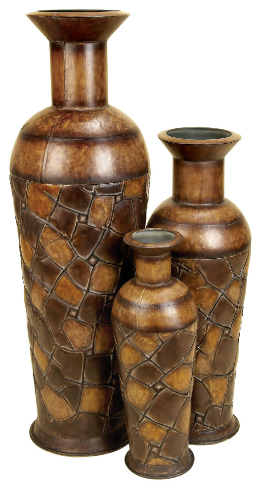 Set of 3 Brown Metal Rustic Vase, 50", 35", 26" Traditional Vases