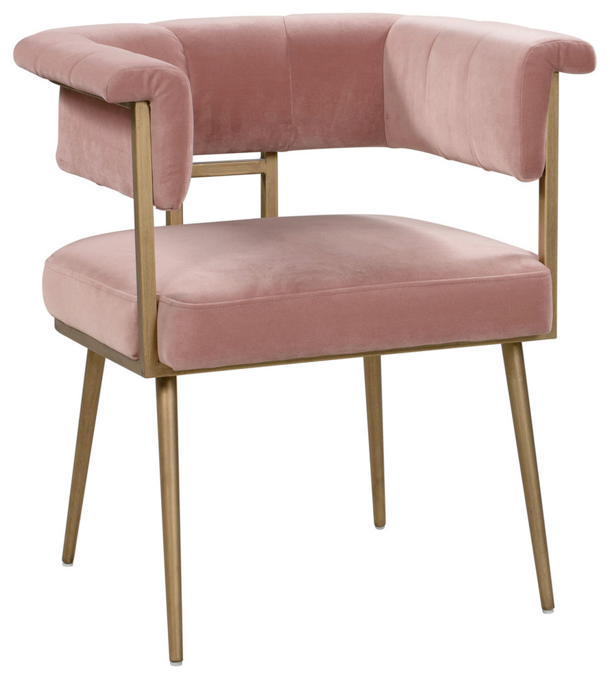 Blush Pink Velvet Dining Chair, Contemporary Modern Brass Gold Side Arm