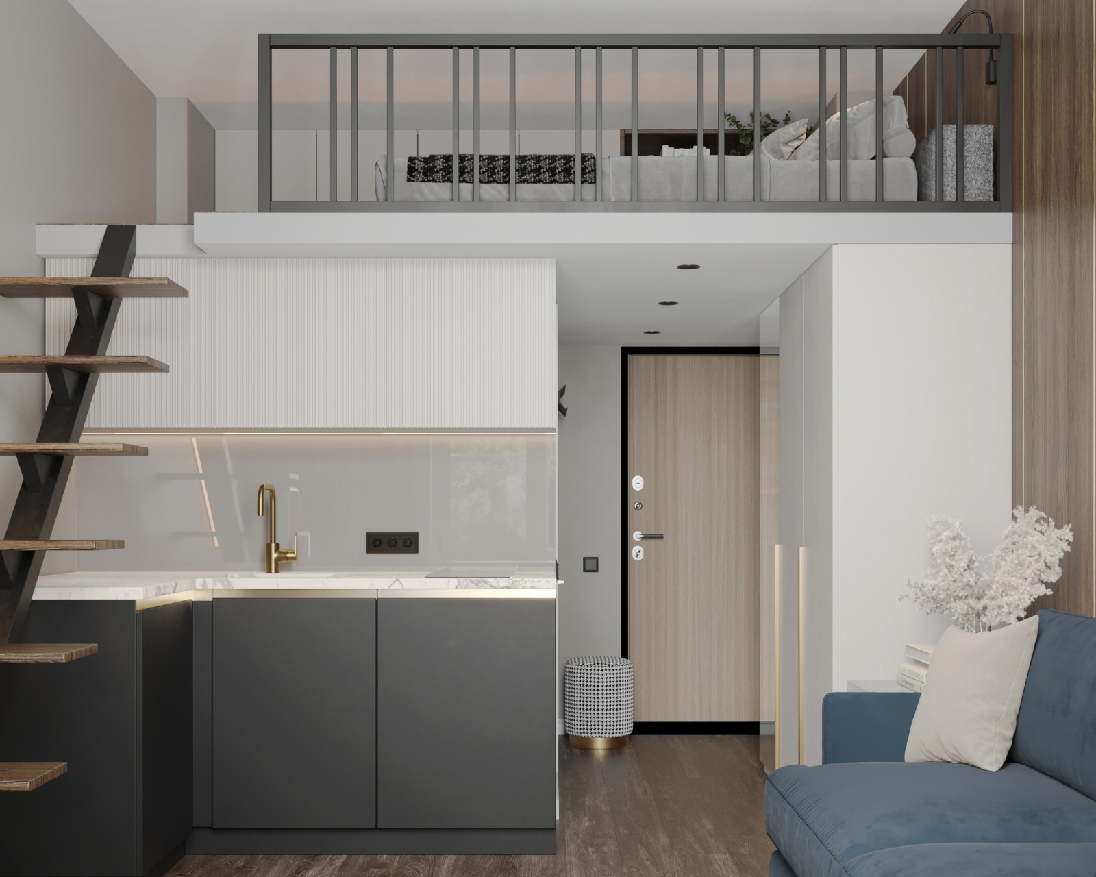 Дизайн интерьера студии с антресольным этажом