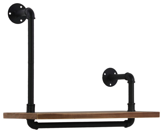 Wooden Wall Shelf With Uneven Iron Pipe Design, Natural Brown and Black Industrial Display