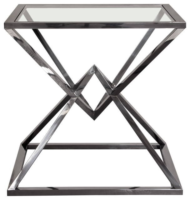 24"24" Glass Top Square Side End Table Black Stainless Steel Base