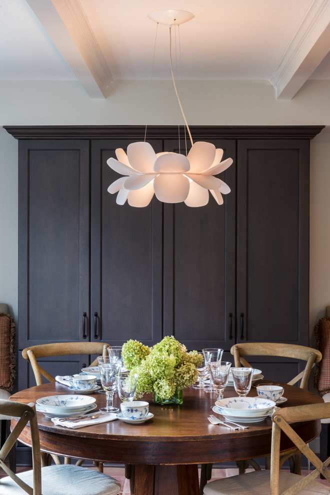Kitchen/dining room combo - transitional single-wall kitchen/dining room combo idea in DC Metro with a farmhouse sink, shaker cabinets, gray cabinets, soapstone countertops, black backsplash, ceramic backsplash and stainless steel appliances