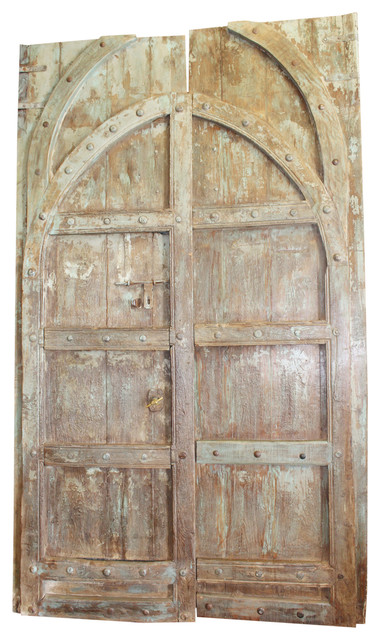 Consigned Antique Door Indian Teak Wood Green Vintage Haveli Double Doors