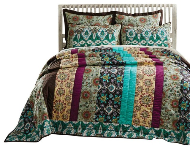 Capri Bohemian Queen Size 3 Pc Quilt, Queen Size Quilt Bedding