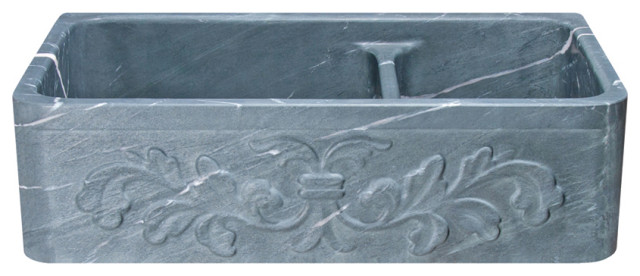 36" Farmhouse Double Sink, Floral Carving Front, Charcoal Marquina Soapstone