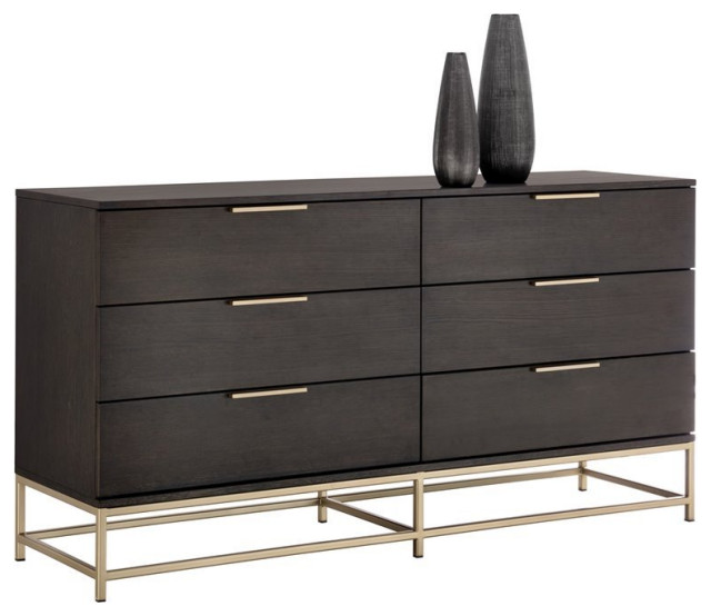 Maklaine 66" Contemporary Wood and Iron Dresser in Charcoal Gray and