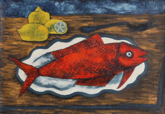Tableau Toile 90x60 Cm Poisson Rouge Et Femme - Déco Murale Bleu-vert Salon Chambre Salle De Bain