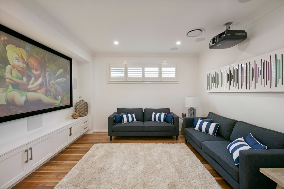 Contemporary enclosed home theatre in Sydney with white walls, medium hardwood floors, a projector screen and brown floor.
