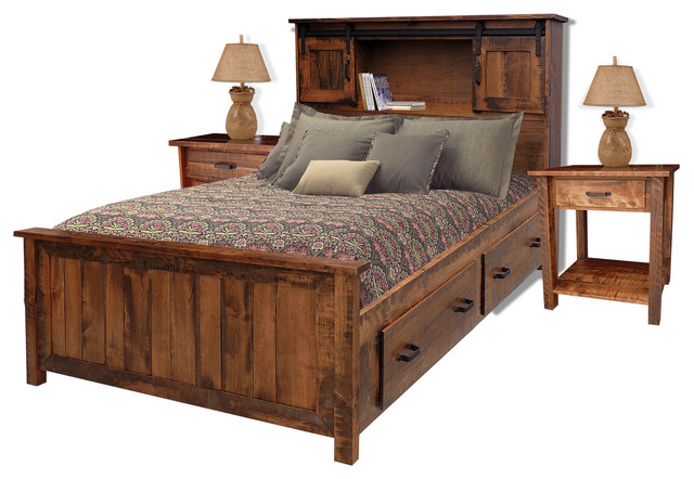 Rustic Bedroom Set Bed With Drawer Units And Bookcase 2 Open Side Tables