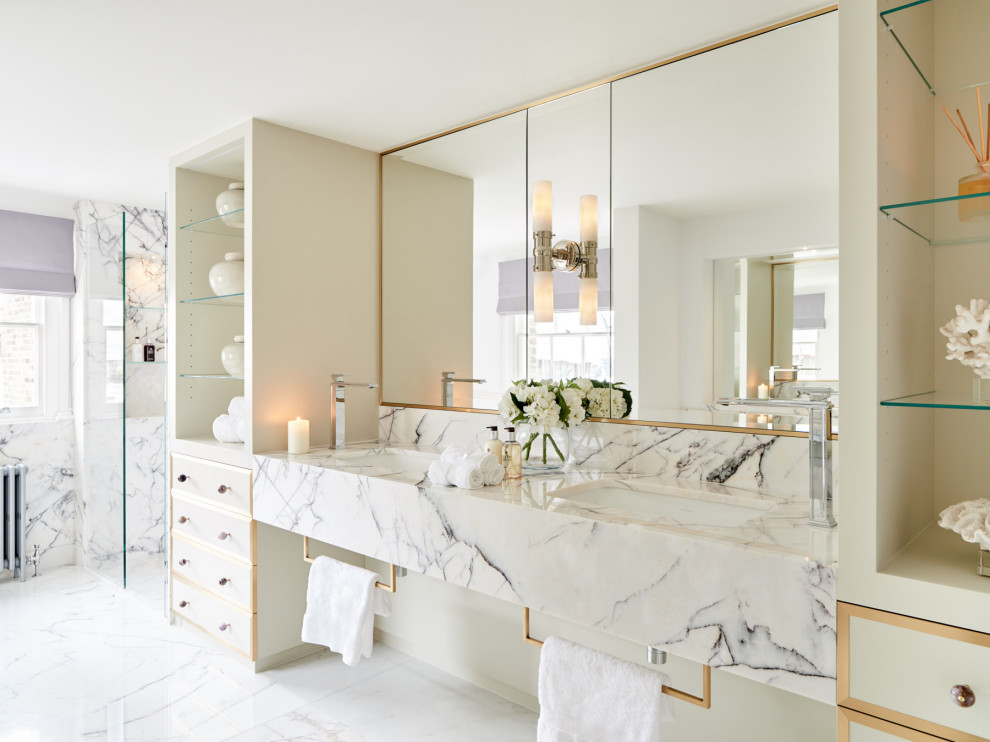 Inspiration for a large transitional kids bathroom in London with white walls, marble floors, a wall-mount sink, marble benchtops, white floor, white benchtops, a double vanity and a built-in vanity.