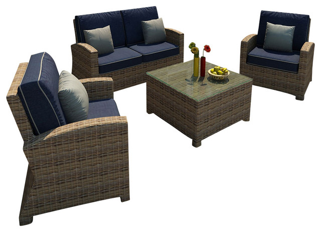 Cypress 4 Piece Outdoor Wicker Sofa Set, Spectrum Indigo Cushions