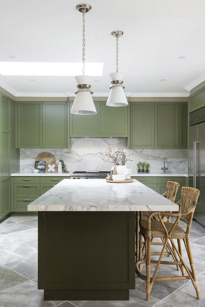 Inspiration for a medium sized traditional l-shaped kitchen/diner in Sydney with a submerged sink, shaker cabinets, marble worktops, grey splashback, marble splashback, stainless steel appliances, limestone flooring, an island, grey floors, grey worktops and green cabinets.