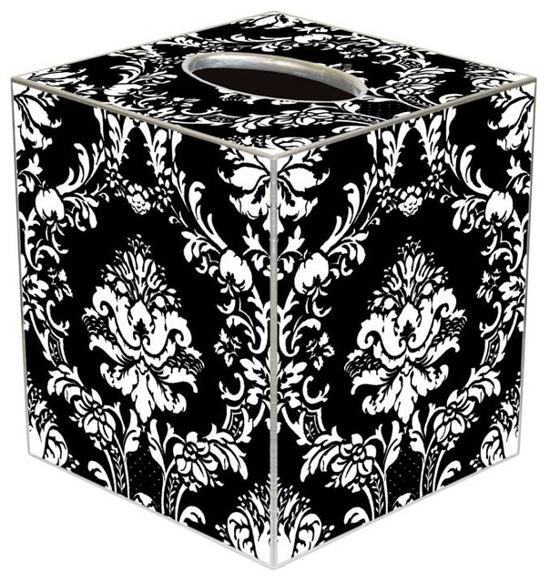 TB1275 White on Black Damask Tissue Box Cover Traditional Tissue