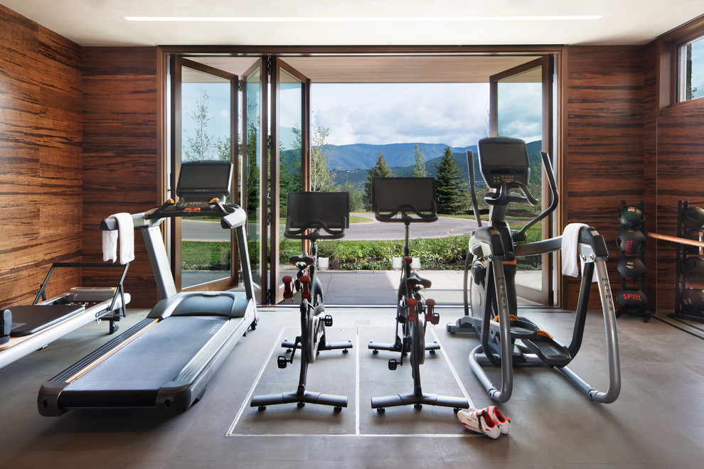 This is an example of an expansive contemporary home gym in Denver with brown walls, vinyl floors and grey floor.