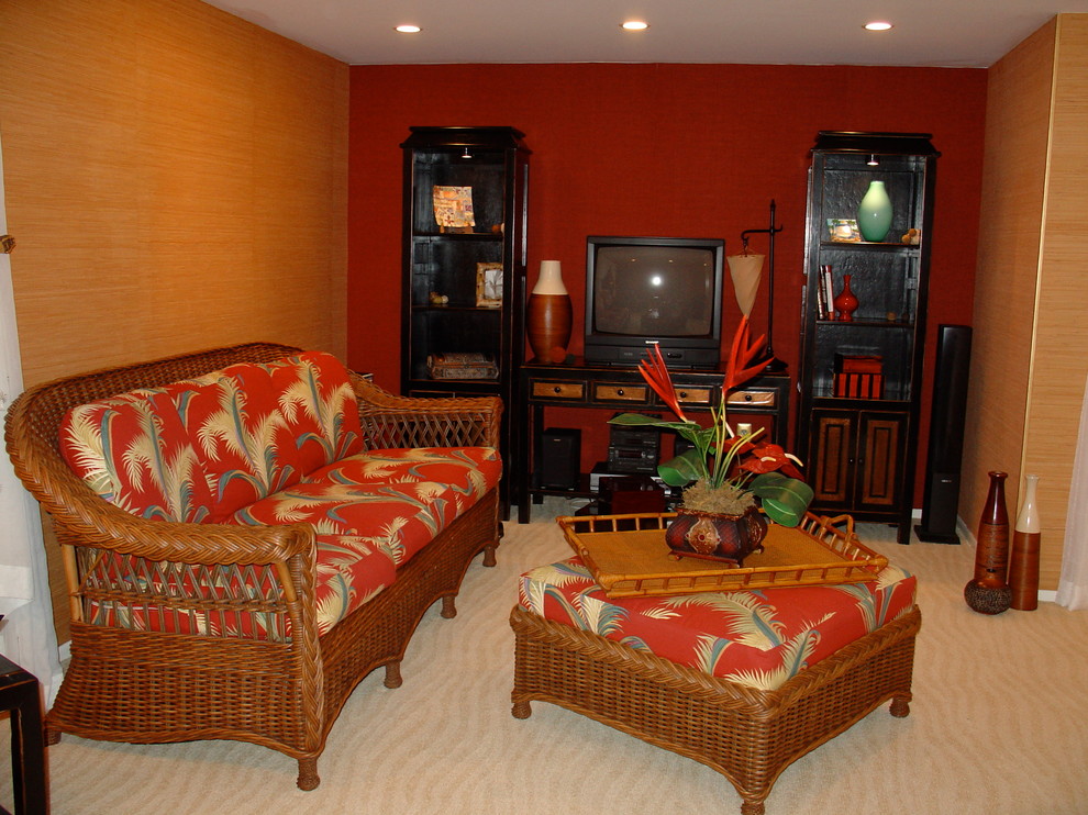 This is an example of a tropical family room in New York.