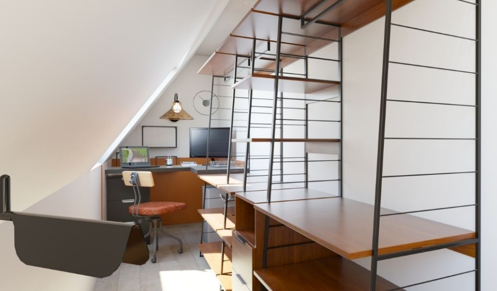 Inspiration för små exotiska arbetsrum, med ett bibliotek, orange väggar, mellanmörkt trägolv, ett inbyggt skrivbord och brunt golv
