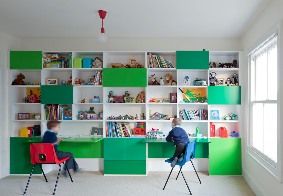 Contemporary kids' study room in London with white walls and carpet for kids 4-10 years old.
