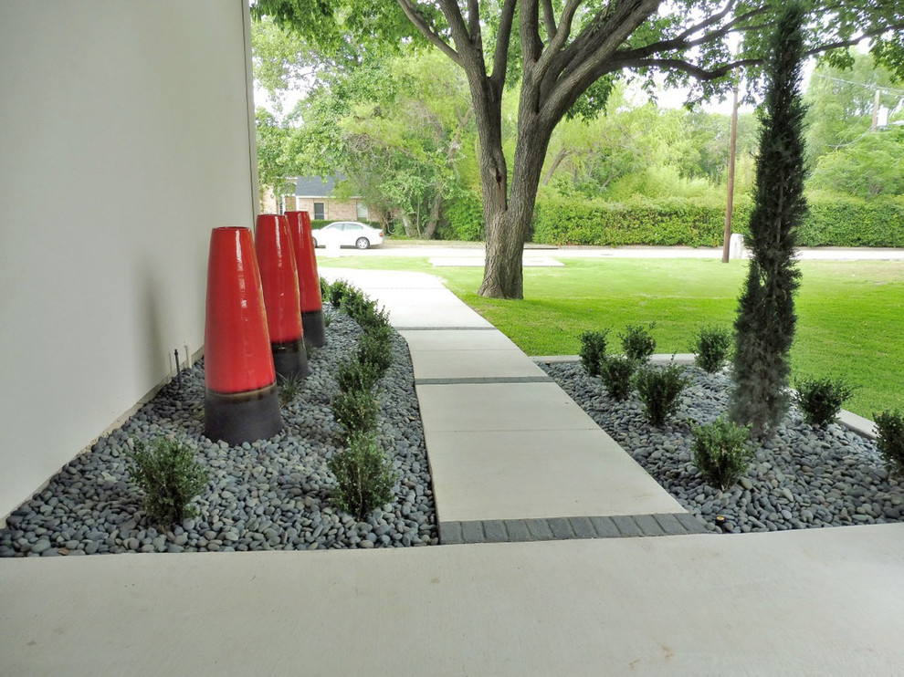 This is an example of a mid-sized modern front yard partial sun garden in Dallas with a garden path and gravel.