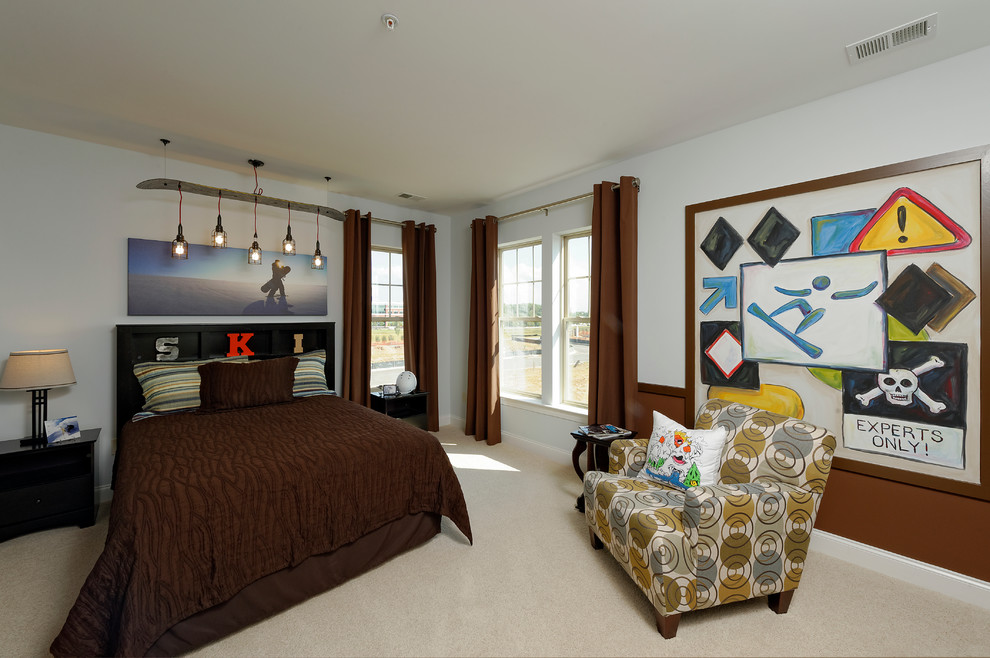 Design ideas for a large transitional teen room for boys in DC Metro with blue walls and carpet.