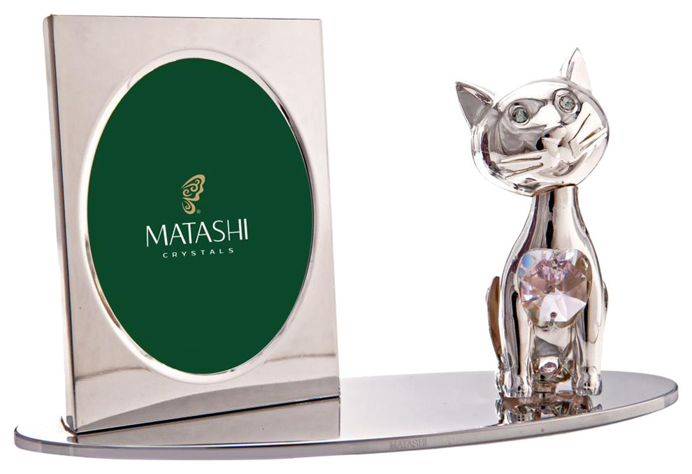 Silver Plated Picture Frame With Crystal Decorated Cartoon Cat Figurine
