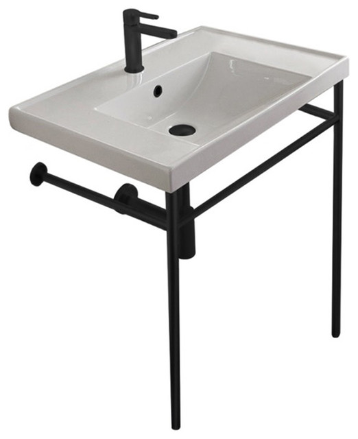 Rectangular Ceramic Console Sink and Matte Black Stand Contemporary