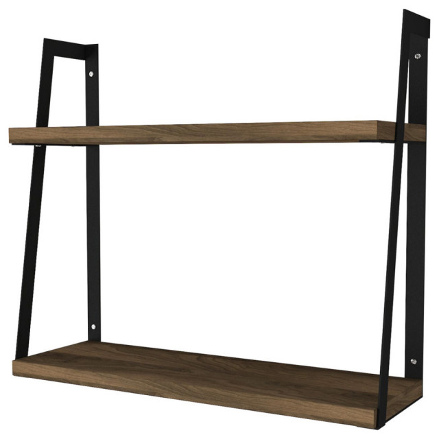 18" Rectangular 2 Tier Wood Floating Wall Mount Shelf With Metal Frame
