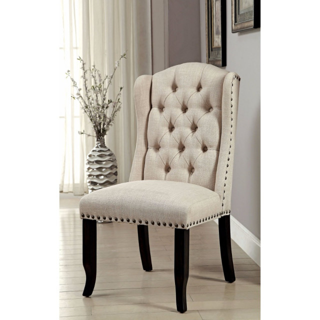 Button Tufted Fabric Upholstered Wooden Bar Chair, Beige And Black, Set Of Two