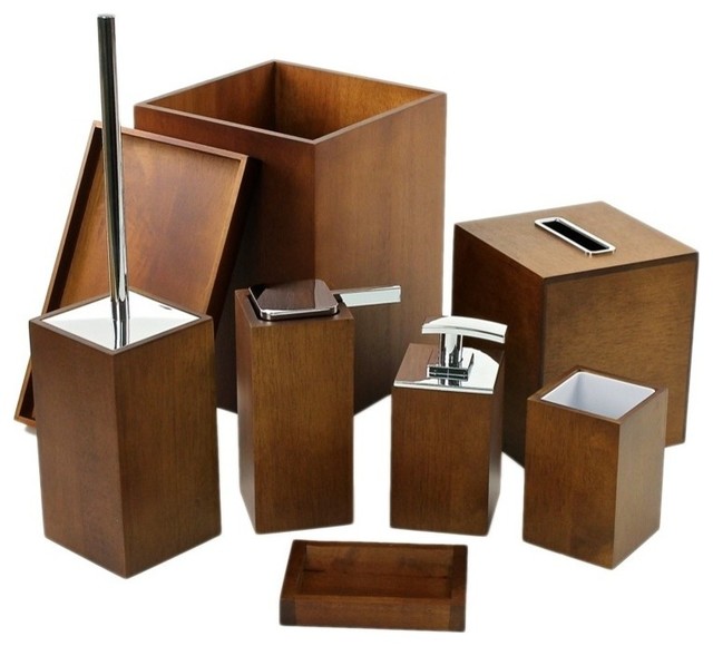 Wooden 8 Piece Brown Bathroom Accessory Set Contemporary Bathroom
