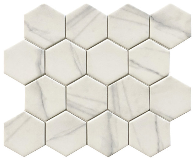 3" Hexagon Matte Glass Mosaic Wall and Floor Tile, Calacatta Gray Vein