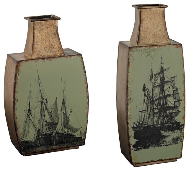 Sterling Metal Vases With Ship Print, 2-Piece Set