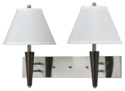Cal  2-Light Wall Lamp - Brushed Steel/Wood Finish w/White Shade