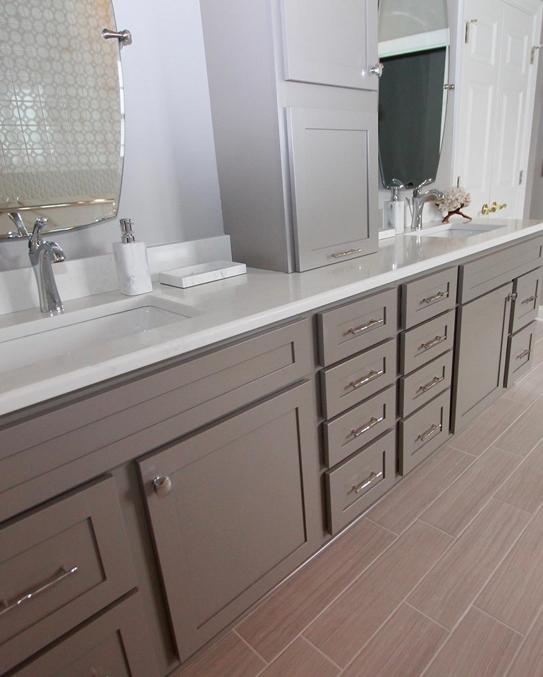 Large transitional master white tile and porcelain tile porcelain tile and gray floor doorless shower photo with shaker cabinets, gray cabinets, gray walls, an undermount sink, quartz countertops and white countertops