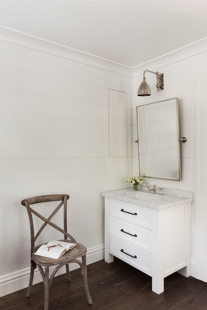 Inspiration for a large country master bathroom in San Francisco with white cabinets, an alcove shower, white tile, white walls, dark hardwood floors, an undermount sink, shaker cabinets, a freestanding tub and subway tile.