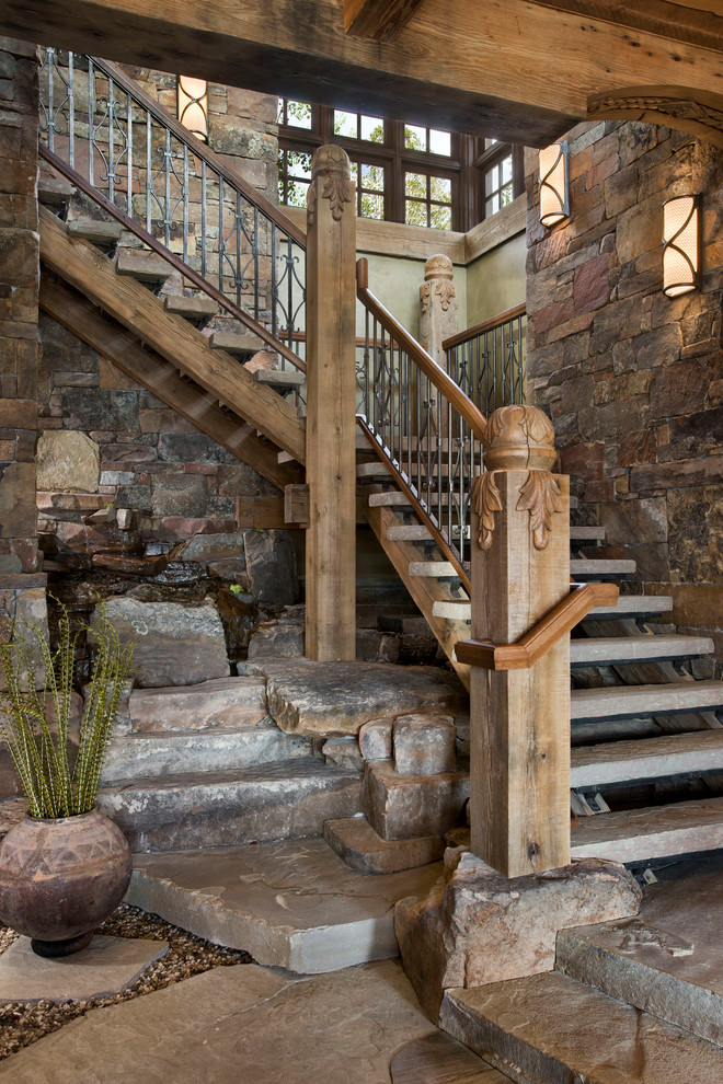 Photo of a country staircase in Other with open risers.