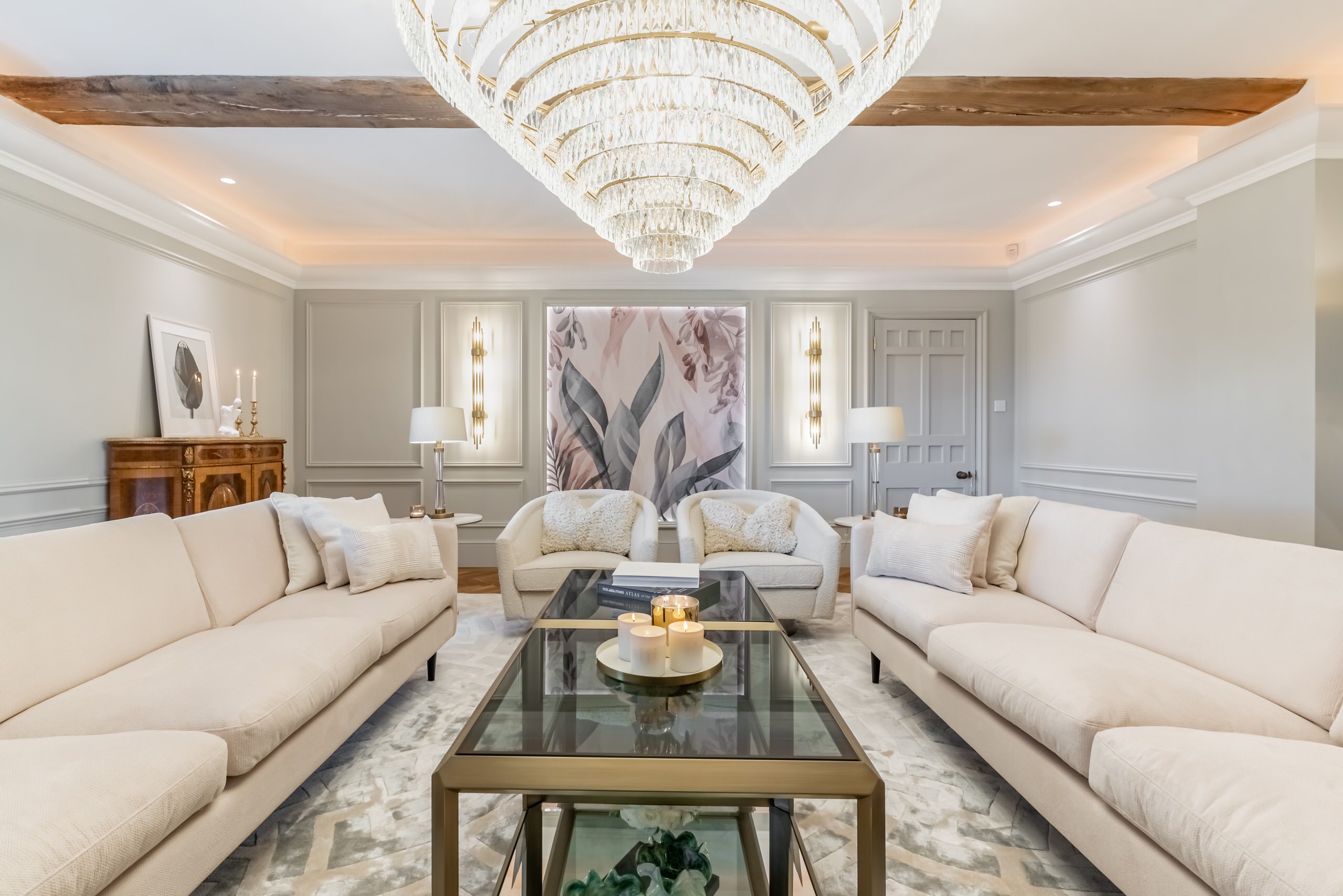 Living room elegant decor grey and cream neutrals gold wallpaper lighting bespoke rugs chandelier kent Chartham Canterbury Interior Design