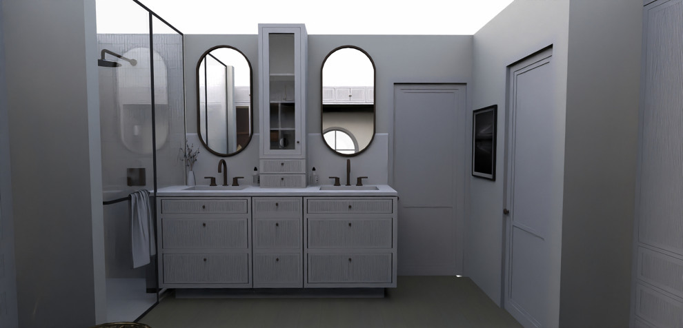 Aménagement d'une armoire encastrée classique neutre et de taille moyenne avec un placard à porte persienne, des portes de placard beiges, un sol en vinyl et un sol jaune.