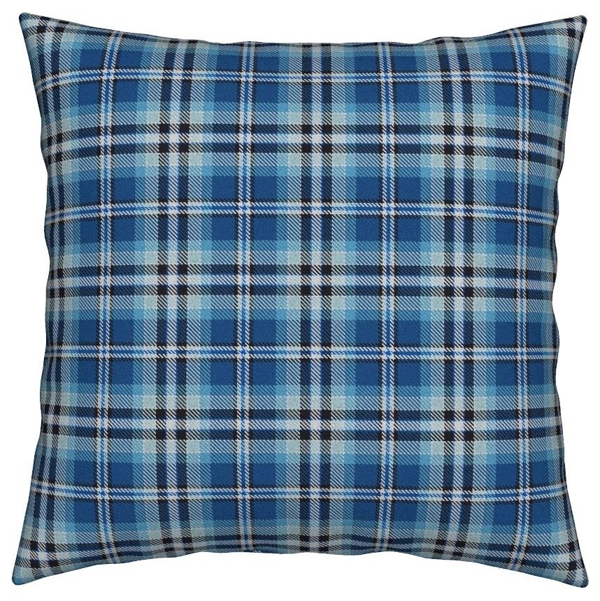 Blue Black And White Plaid White Plaid Throw Pillow, Cover Only