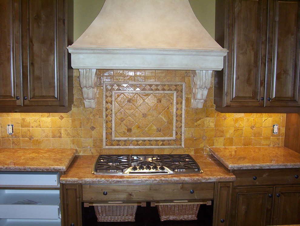Enclosed kitchen - large transitional l-shaped concrete floor and gray floor enclosed kitchen idea in Orange County with an undermount sink, shaker cabinets, white cabinets, solid surface countertops, gray backsplash, stainless steel appliances, no island and cement tile backsplash